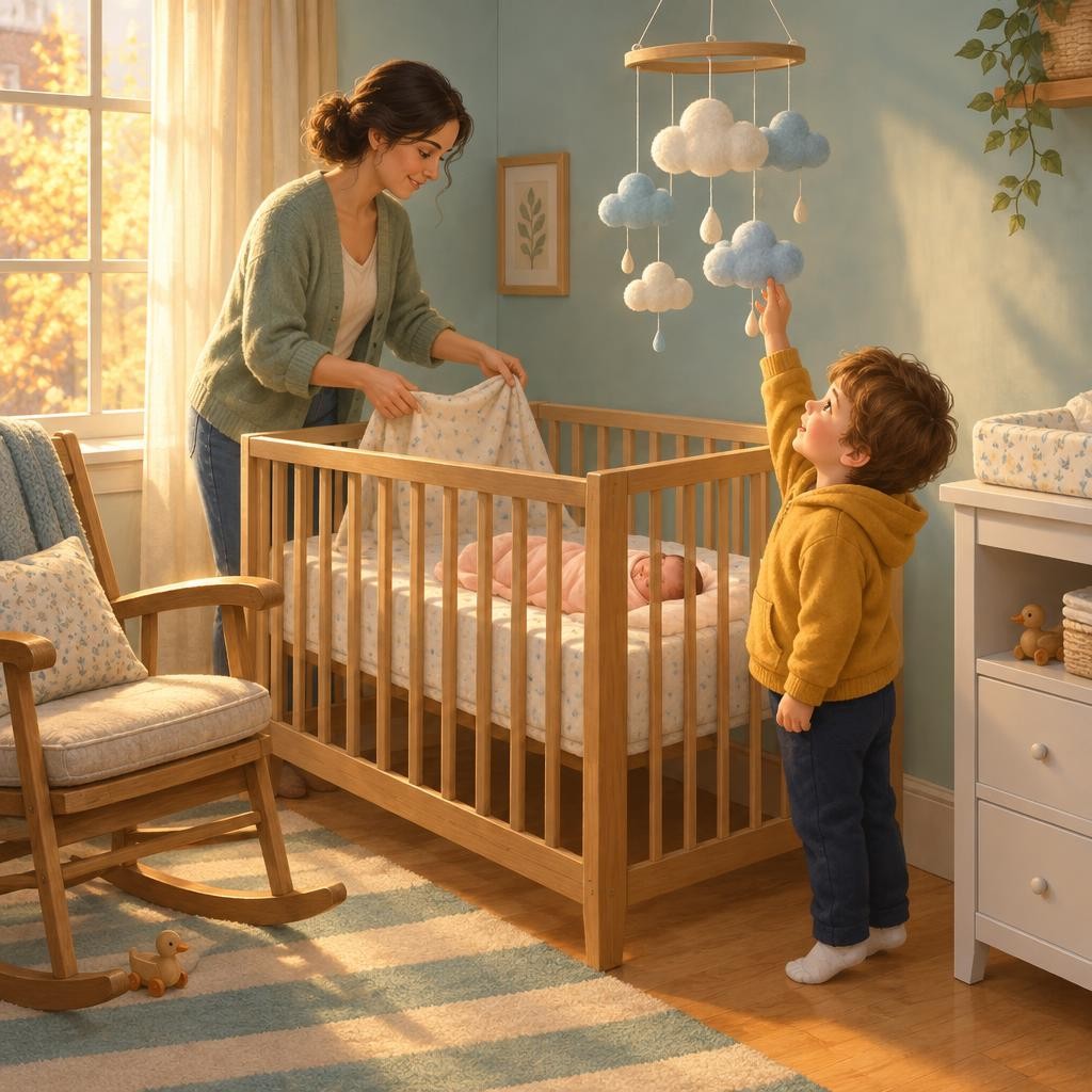 My grown-up and I get the nursery ready. There is a wooden crib and a rocking chair. A felt cloud mobile hangs above the crib.