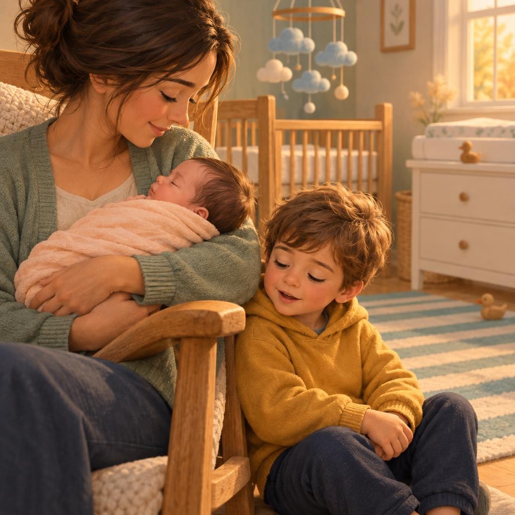 Sometimes I wait while my grown-up helps the baby. Waiting can feel long. I can try sitting close and humming a quiet song for my sister.