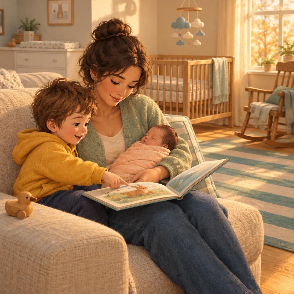 When the baby sleeps, my grown-up and I usually have time together. We read on the soft sofa. Sometimes we build on the striped play mat.