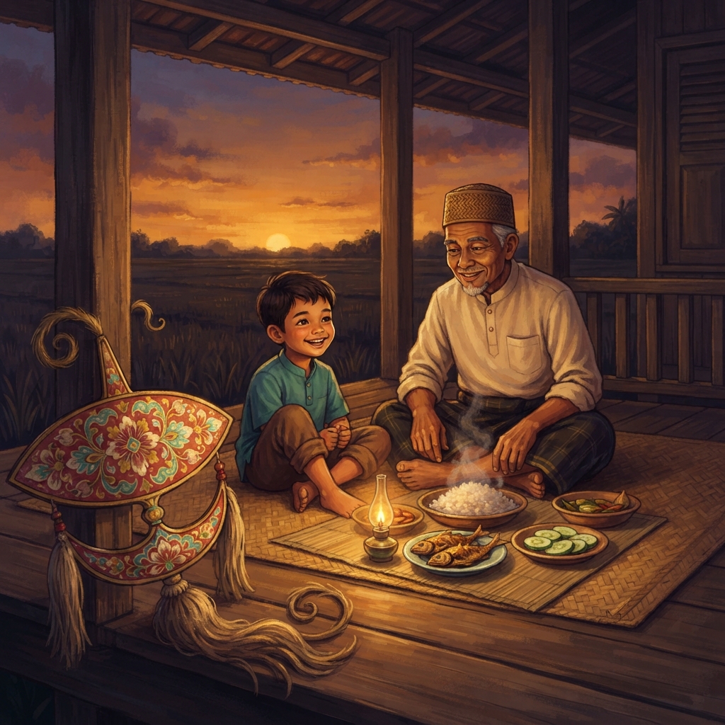 Atuk menggulung tali. Adik memeluk Wau. Mereka duduk di serambi dengan nasi panas, ikan goreng dan timun rangup. Wau berehat di sisi, masih berbau angin dan padi. Langit makan caha