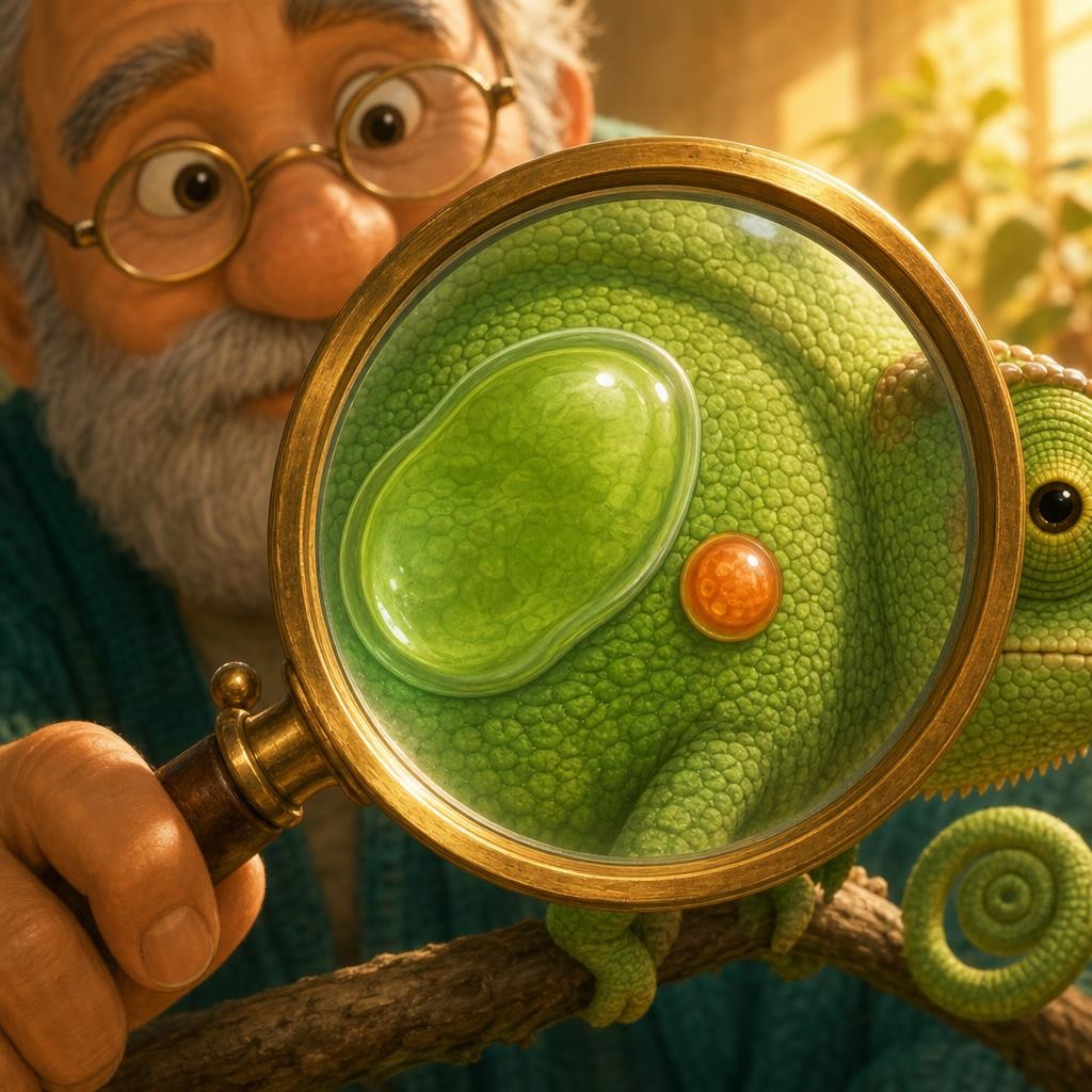 Grandpa held up his magnifying glass. "Pip's skin is made of cells — tiny living dots, too small to see — and some hold color like tiny stretchy blobs." When a blob stretches flat 