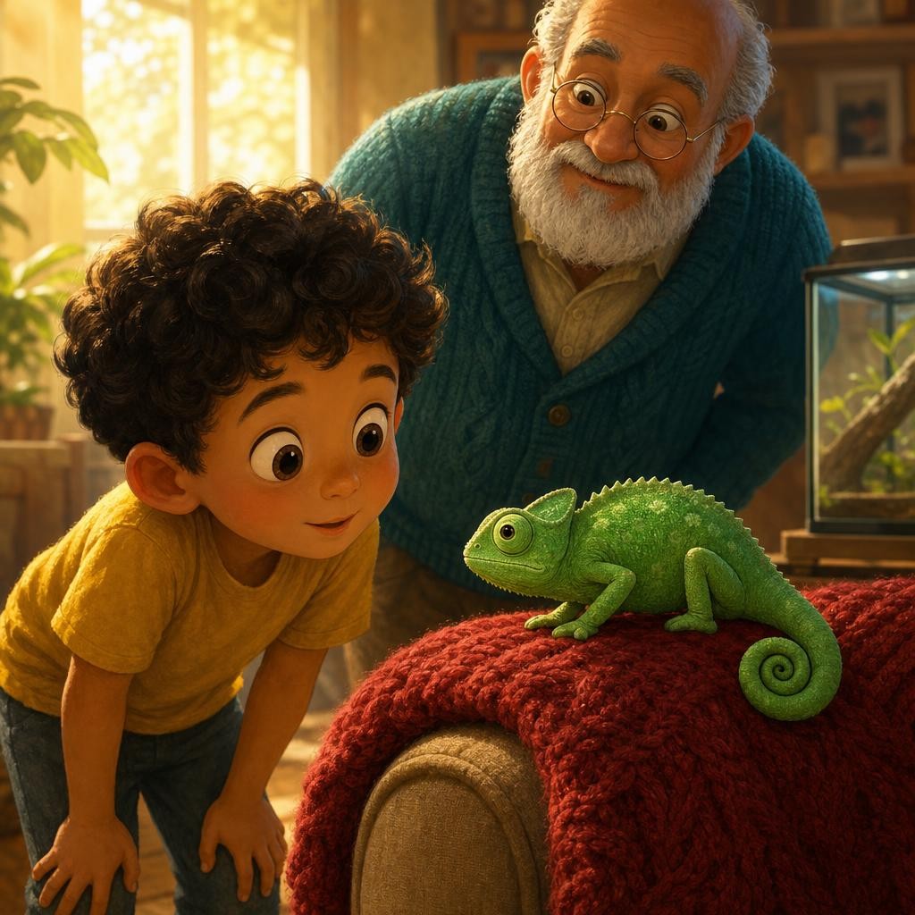 Just then, Grandpa set Pip down on a soft red blanket. Theo leaned in close, holding his breath. Would Pip turn red to match the blanket?