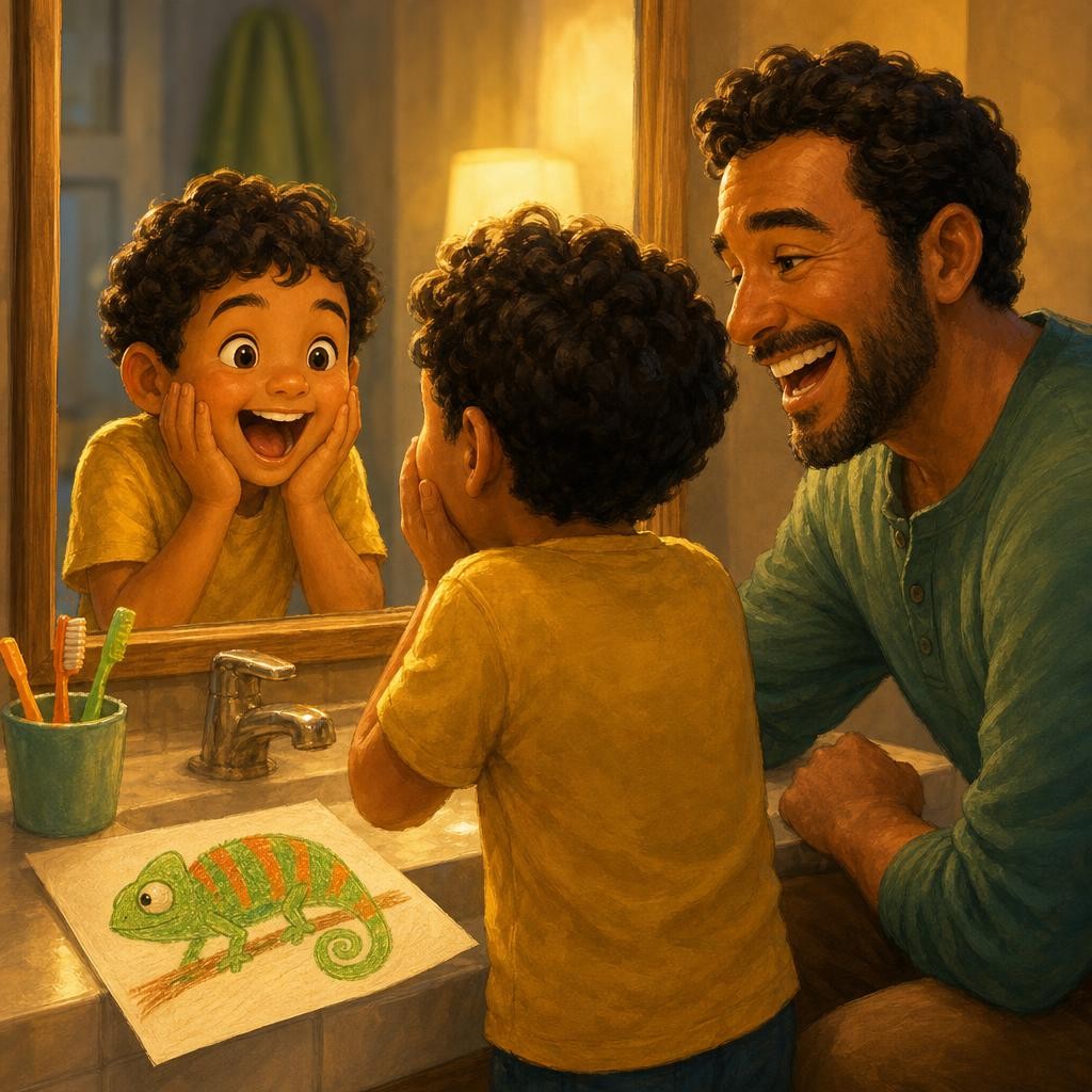 Grandpa shared one last wow: a chameleon can point each eye a different way at the same time — one looks up while the other looks behind! That night, Theo tried a Pip experiment at