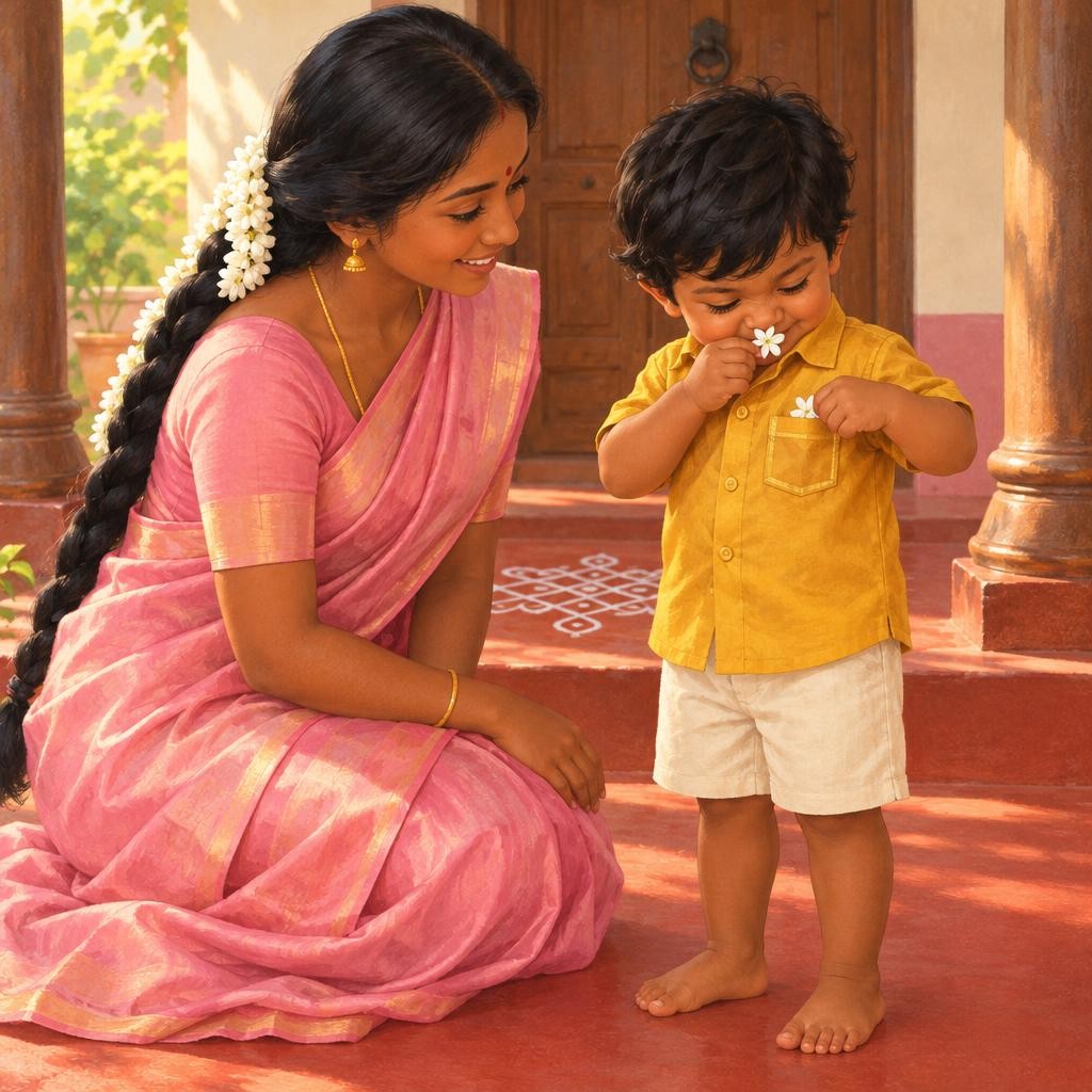 அம்மா ஒரு மல்லிகைப் பூ கொடுத்தார். ஆஹா, என்ன வாசனை! இளன் பூவை மெதுவாகப் பைக்குள் வைத்தான். "பூ, பைக்குள்!"