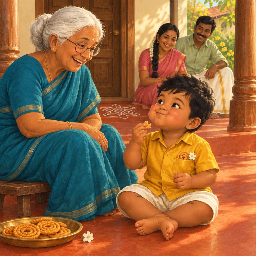 பாட்டி ஒரு குட்டி முறுக்கு கொடுத்தார். கறுக், முறுக்! பாதி வாய்க்குள். பாதி பைக்குள்!