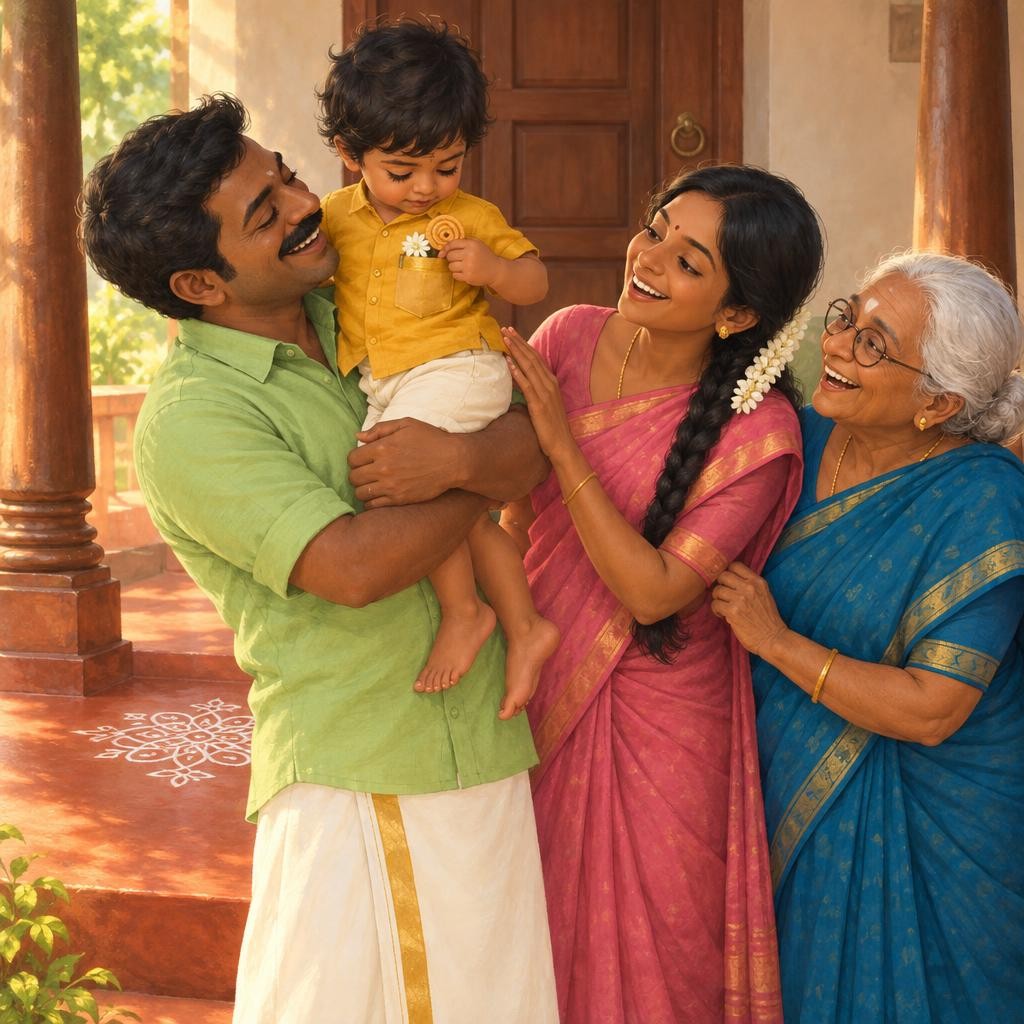 அப்பா இளனைத் தூக்கி, இறுக்கமாகக் கட்டிக்கொண்டார். கதகதப்பான, பெரிய கட்டிப்பிடி! இளன் தன் பையைக் குனிந்து பார்த்தான். "அப்பா கட்டிப்பிடி… பைக்குள் போகாது!" எல்லாரும் கலகலவென்று சிரி