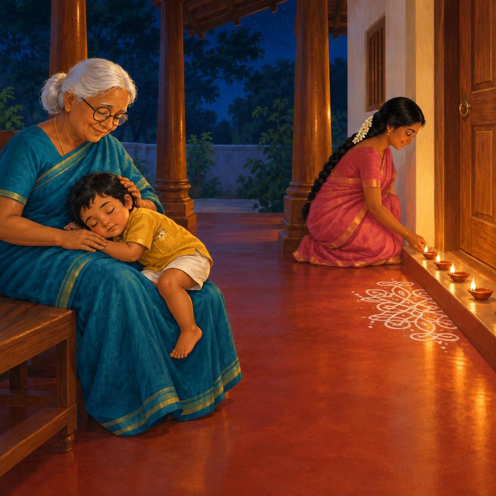 இரவு வந்தது. அம்மா வாசலில் விளக்குகளை ஏற்றினார். இளன் பாட்டியின் மடியில் உட்கார்ந்து பார்த்தான். மின்னும் விளக்குகள். பையில் மல்லிகை. பையில் முறுக்குத் தூள். இளனின் கண்கள் மெதுவாக 