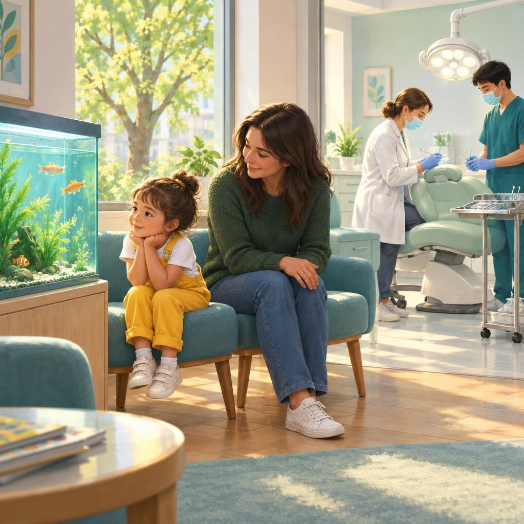 My grown-up and I wait in the waiting room. There is a fish tank with slow, swishy fish. Many children feel a little wobbly before the dentist.