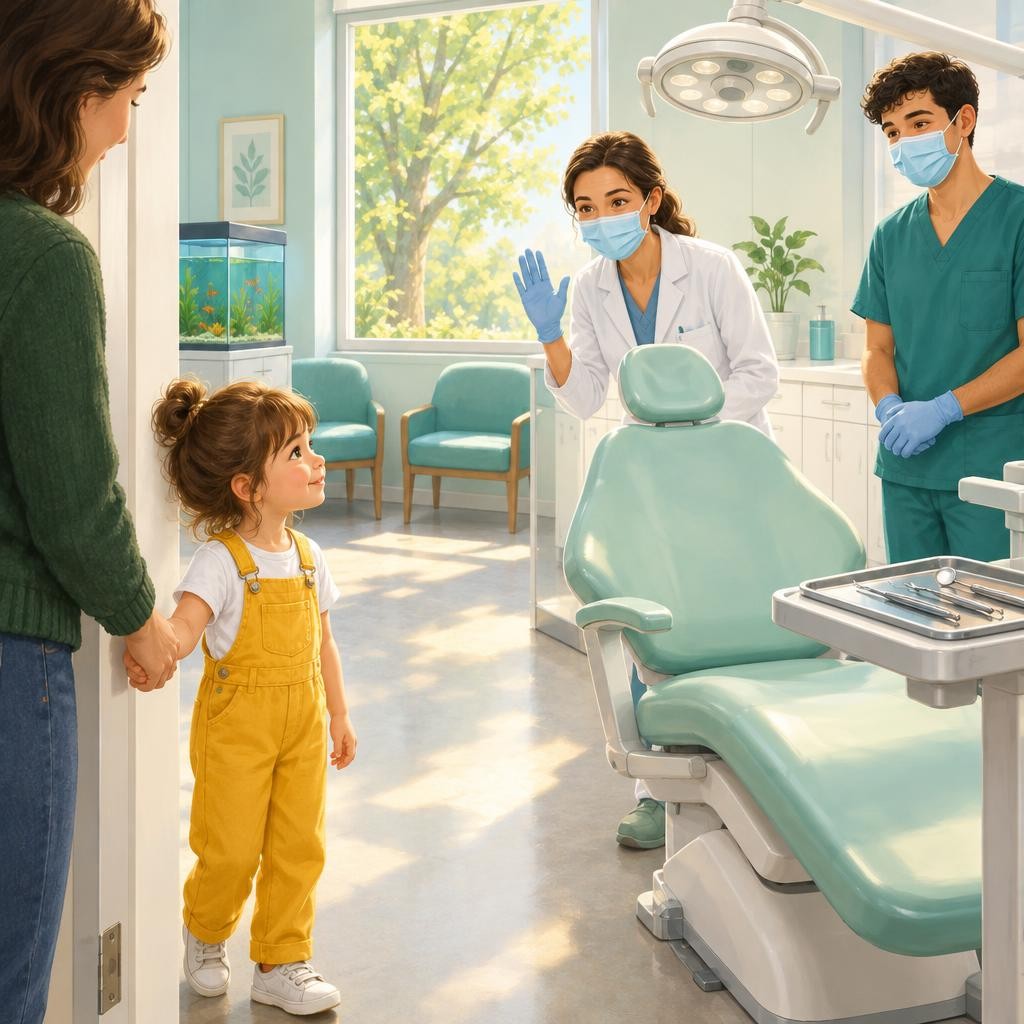 The dental assistant calls my name. We walk into a room with a big chair. The dentist says hello. Her gloves and mask help keep everyone healthy.