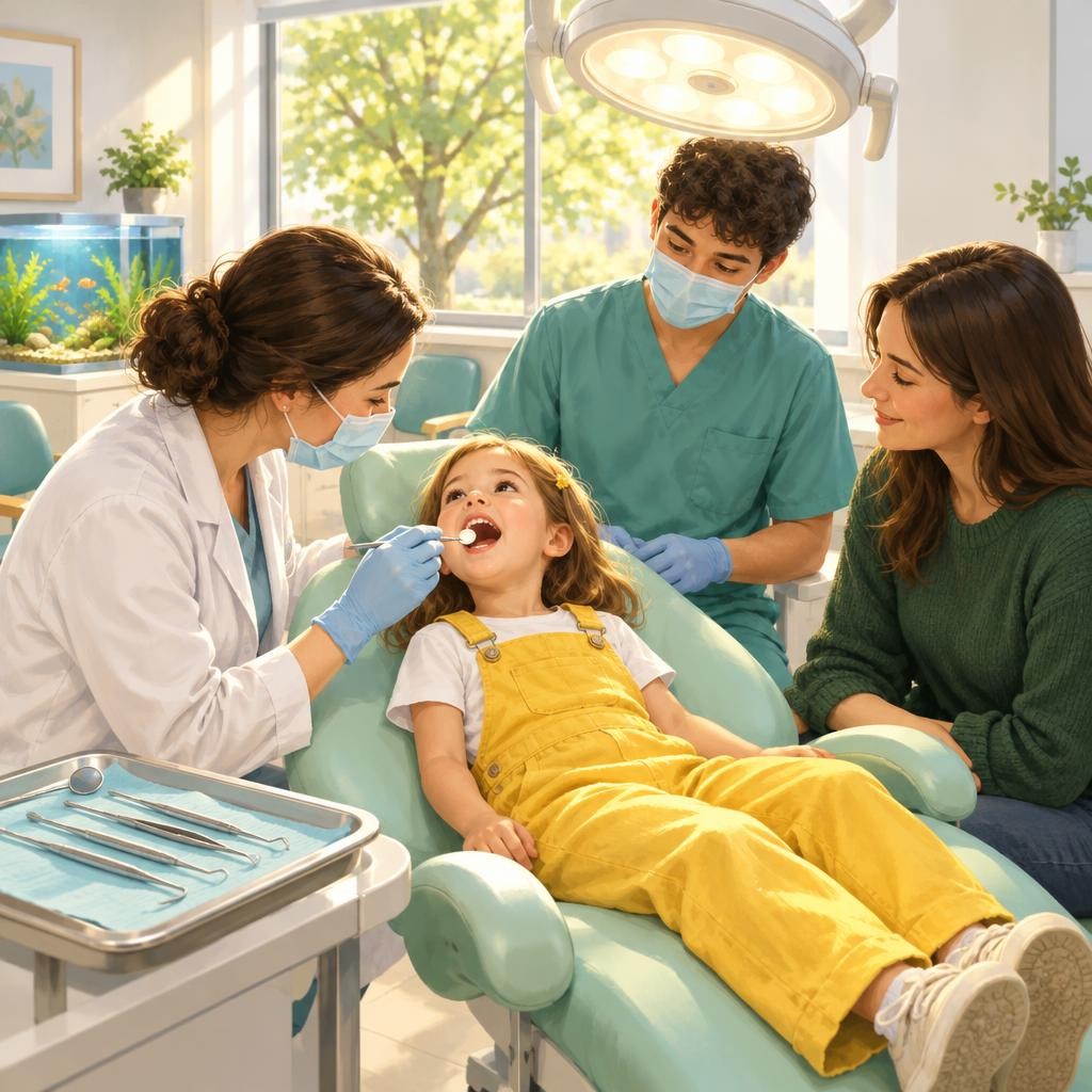 A round light shines above me, warm and bright. I open wide, wide, wide. The dentist counts my teeth with a tiny mirror. One, two, three.