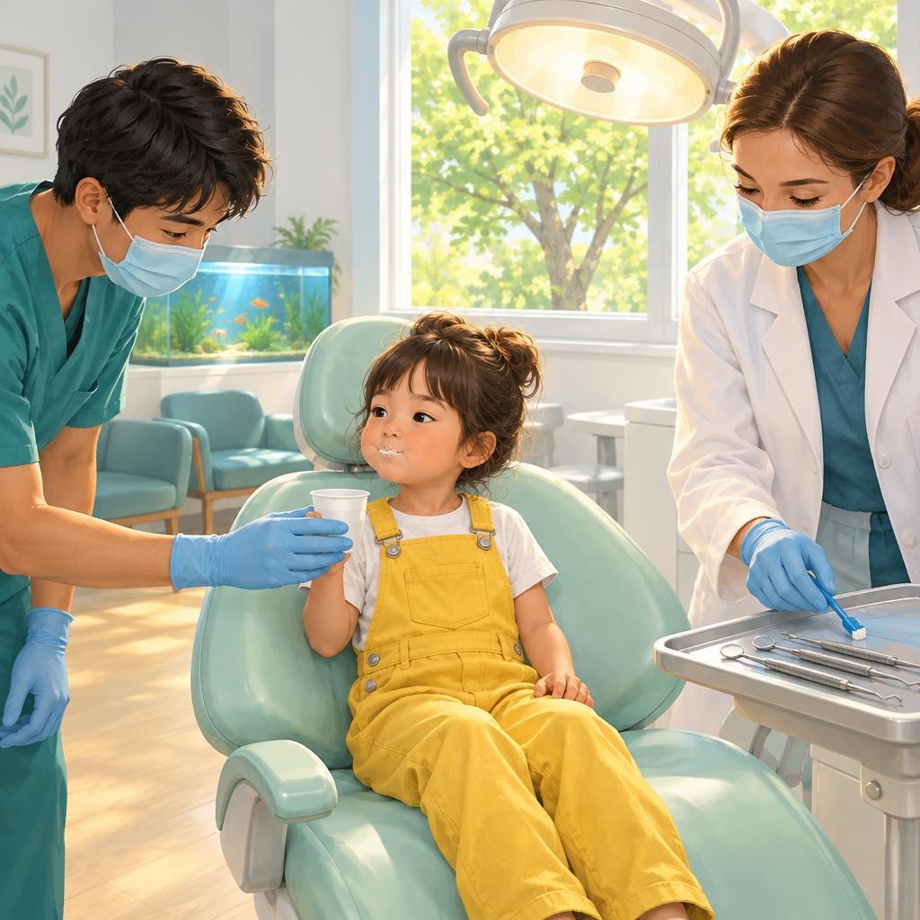 Sometimes the dentist brushes my teeth with a tickly little brush. It buzzes softly. Then I rinse and spit. Swish, swish!