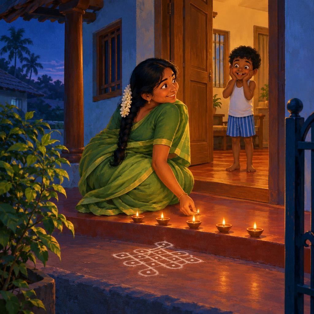 காலையில் இன்னும் இருட்டாகத்தான் இருந்தது. கதிர் கண்ணைத் திறந்ததும் வாசலுக்கு ஓடினான். ஆனால் அம்மா ஏற்கனவே வாசலில் அகல் விளக்குகளை ஏற்றியிருந்தார். "Happy Deepavali, கண்ணா!" அய்யோ! 