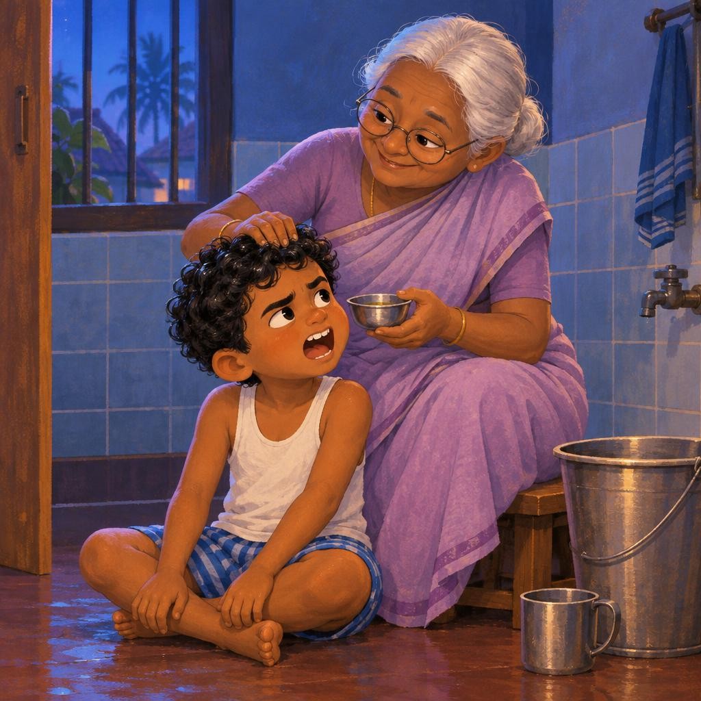 அடுத்தது எண்ணெய் குளியல். பாட்டி கொஞ்சம் இதமான நல்லெண்ணெயைக் கதிரின் தலையில் மெதுவாகத் தேய்த்தார். கதிர் வாயைத் திறந்தான்: "Happy—" "Happy Deepavali, ராஜா!" என்றார் பாட்டி. மறுபடிய