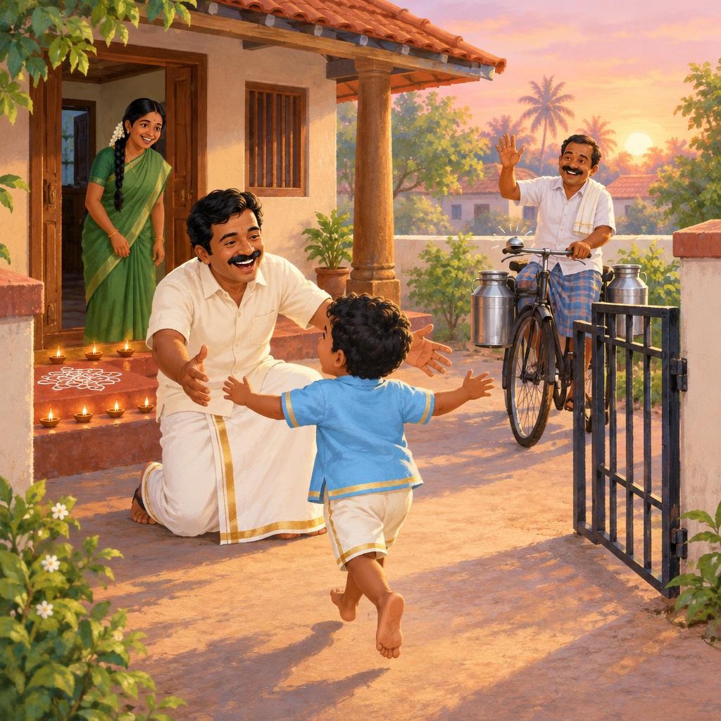 குளித்துவிட்டு, புது shirt போட்டுக்கொண்டு கதிர் அப்பாவிடம் ஓடினான். "அப்பா, Happy—" "Happy Deepavali, champion!" அப்போது gate-ல் ட்ரிங் ட்ரிங்! பால் அண்ணா bicycle bell அடித்து கை அ