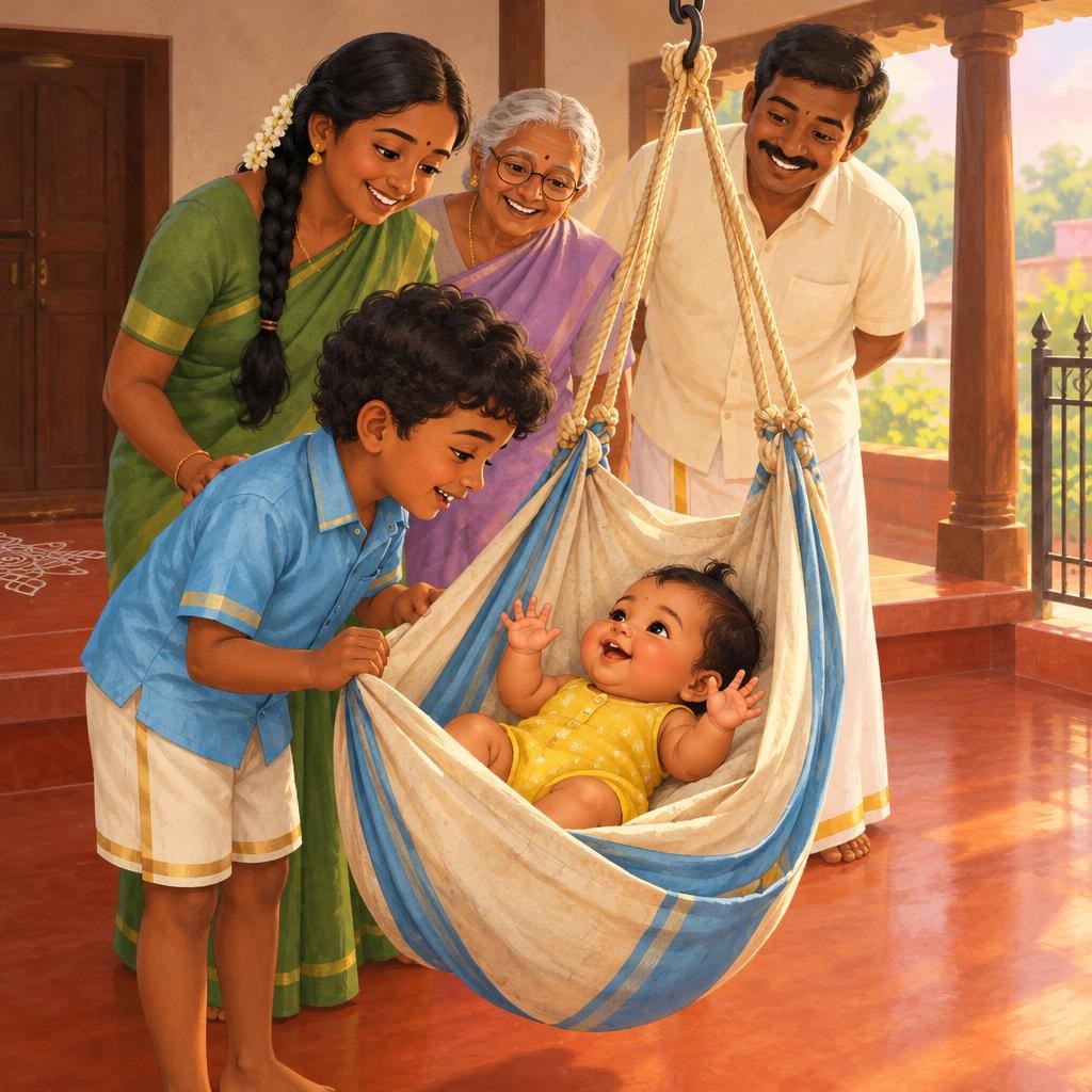 தொட்டிலில் குட்டி யாழினி அப்போது தான் கண் விழித்திருந்தாள். இது அவளுடைய முதல் Deepavali! இன்னும் யாருமே அவளிடம் சொல்லவில்லை. கதிர் மெதுவாகக் குனிந்து சொன்னான்: "Happy Deepavali, யா