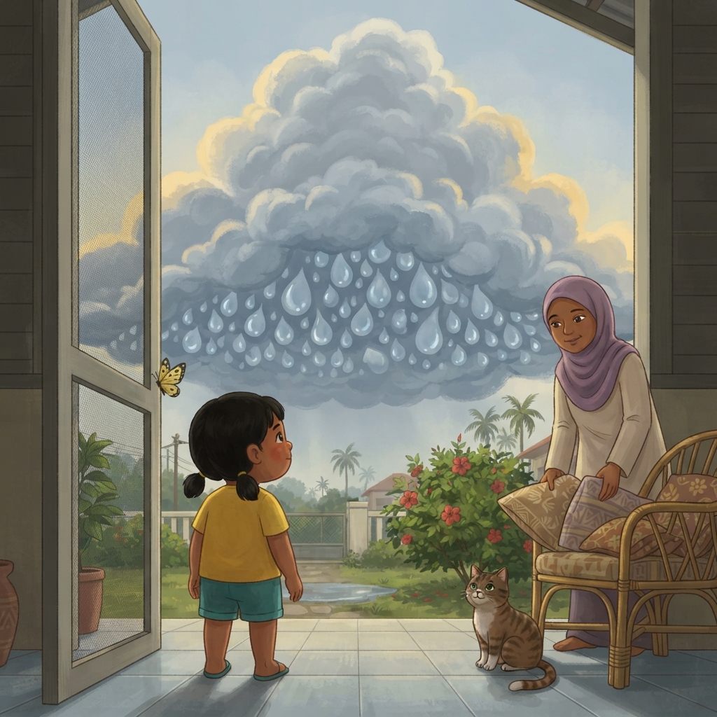 Sepanjang hari, lebih banyak udara basah naik. Awan pun membesar dan menjadi kelabu. Titisannya bercantum, semakin besar dan berat. Apakah yang akan berlaku selepas ini?
