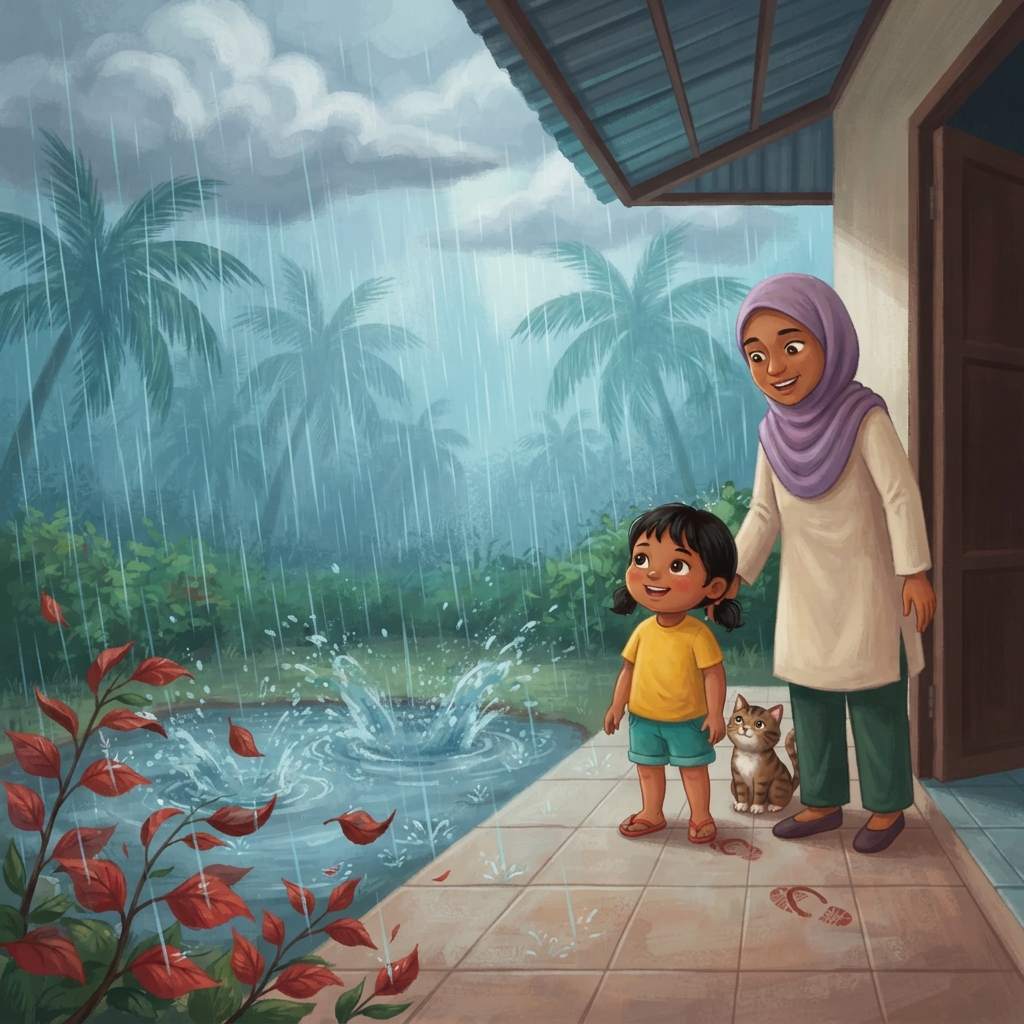 Kemudian—curah! Titisan yang terlalu berat jatuh sebagai hujan. Banyak udara basah telah naik sepanjang hari, jadi hujan petang boleh turun dengan lebat. Aina dan Belang melihat da