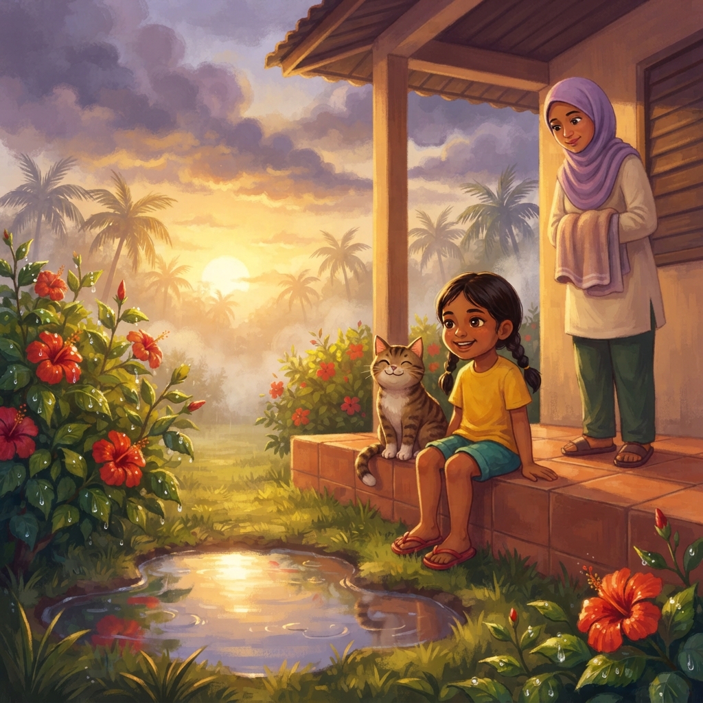 Selepas hujan, udara terasa nyaman. Aina mengingat urutannya: matahari memanaskan, udara basah naik, udara sejuk membentuk awan, lalu titisan berat turun. Sebab itulah hujan lebat