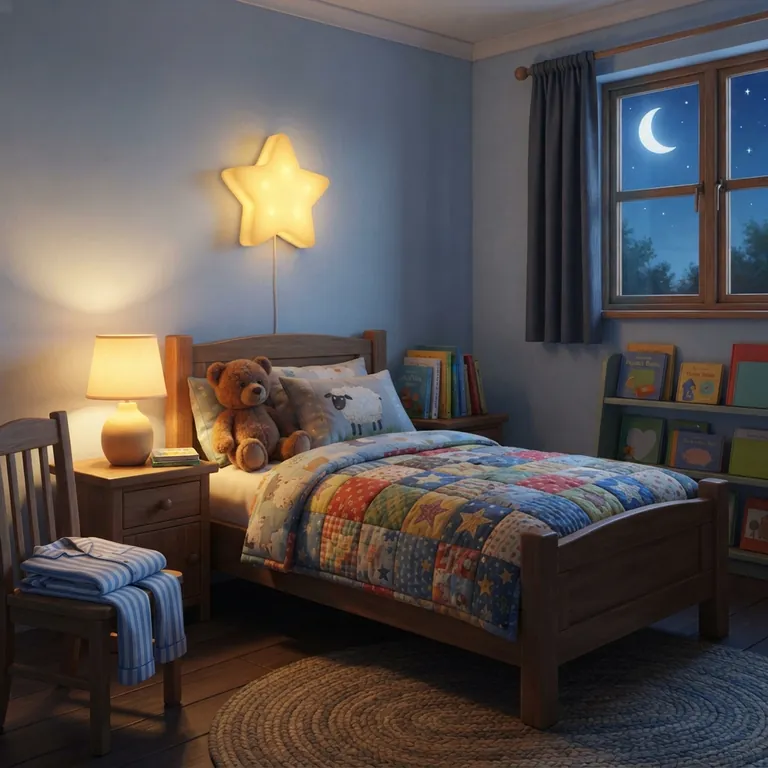 El dormitorio iluminado solo por una lámpara tenue y una lucecita con forma de estrella.