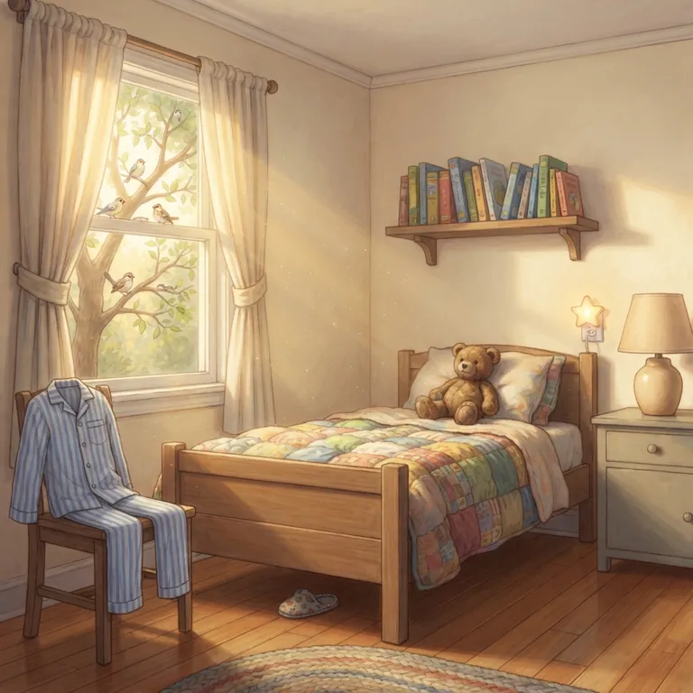 El dormitorio con la luz del sol de la mañana y las cortinas abiertas.
