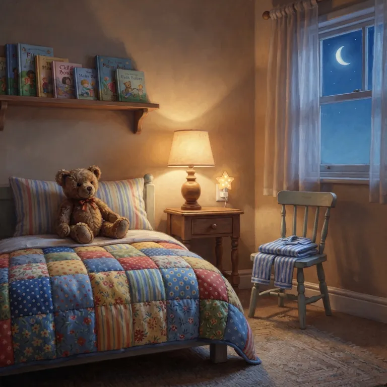Un pequeño dormitorio al anochecer con una colcha de retazos y un pijama doblado.