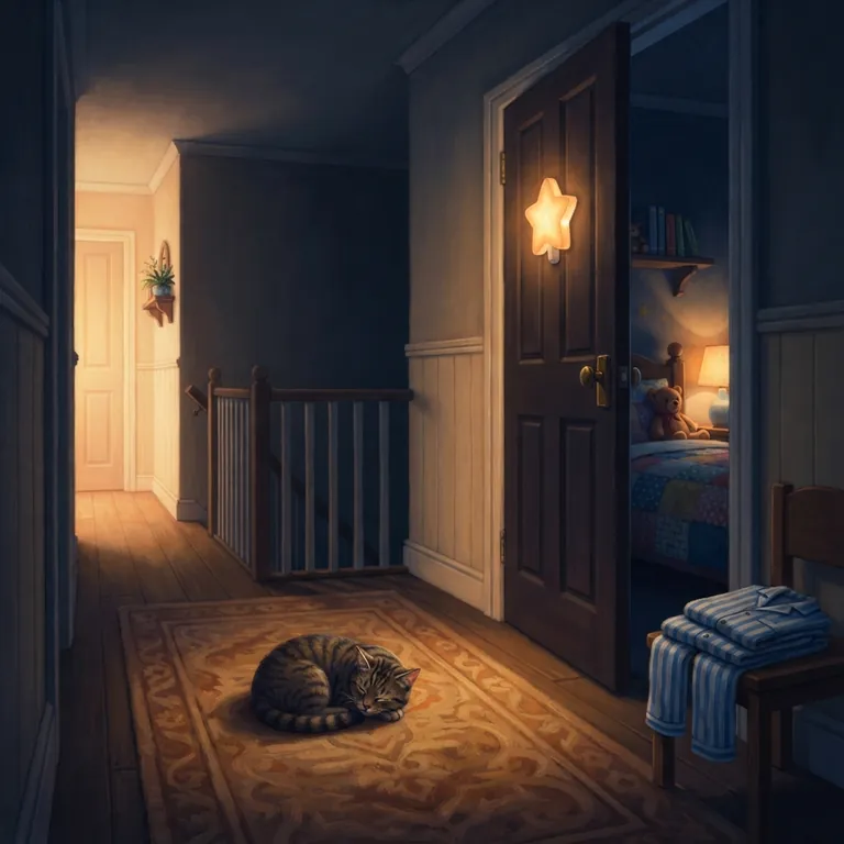 Un pasillo tranquilo de noche con la puerta del dormitorio entreabierta.