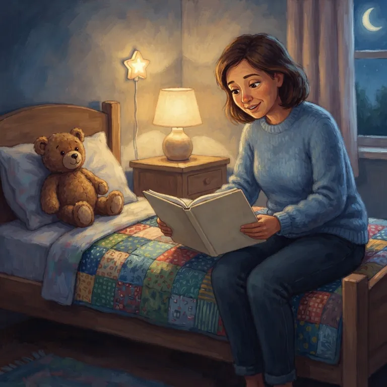 El adulto sentado en la cama con un libro de dibujos bajo una lámpara cálida.