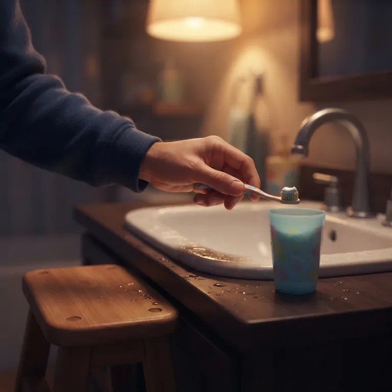 Un cepillo de dientes pequeño con pasta dental junto a un vaso.