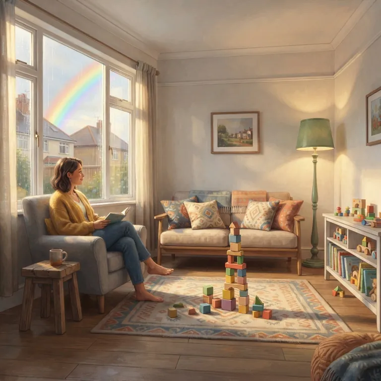 The living room in sunshine after the rain, the blocks stacked again.