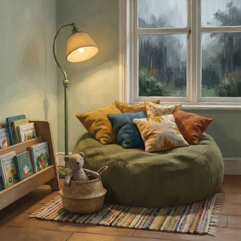 A calm corner with a beanbag, pillows, and a warm floor lamp.