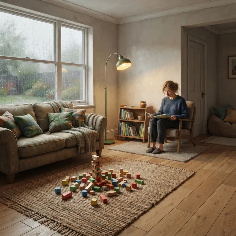Wooden blocks tumbled across a living room rug on a rainy afternoon.