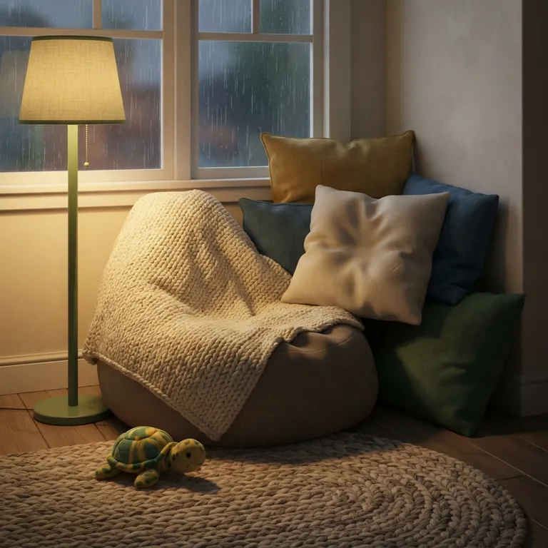 Soft pillows and a knitted blanket in the calm corner.