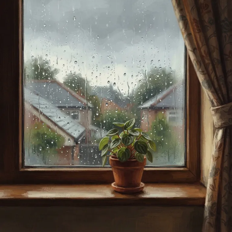 Raindrops running down a window with gray clouds outside.