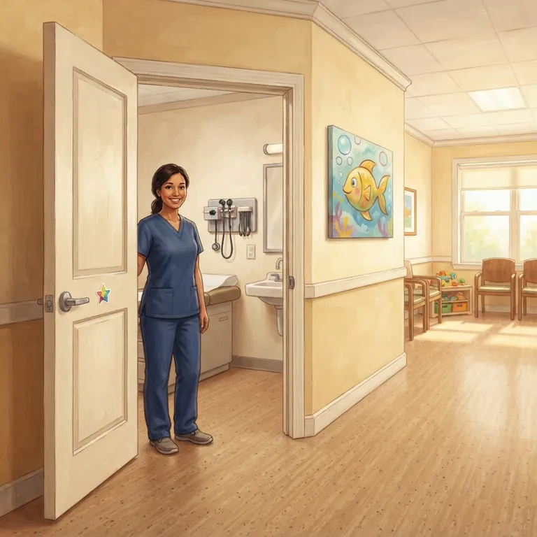 The clinic hallway in warm light with the doctor smiling in the doorway.