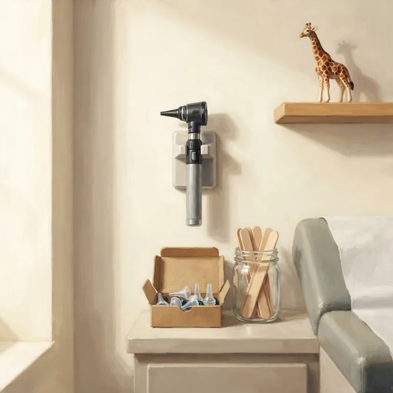 An ear light in its wall holder beside a jar of wooden sticks.
