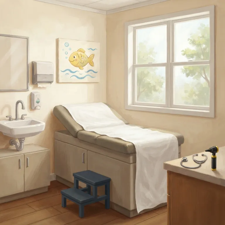 An exam room with a paper-covered exam table and a yellow fish painting.