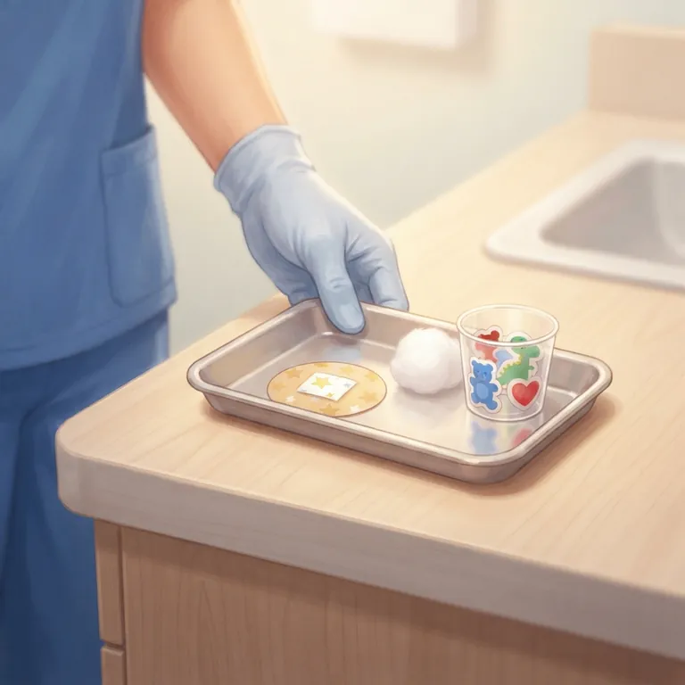 A small tray with a star bandage, a cotton ball, and stickers.