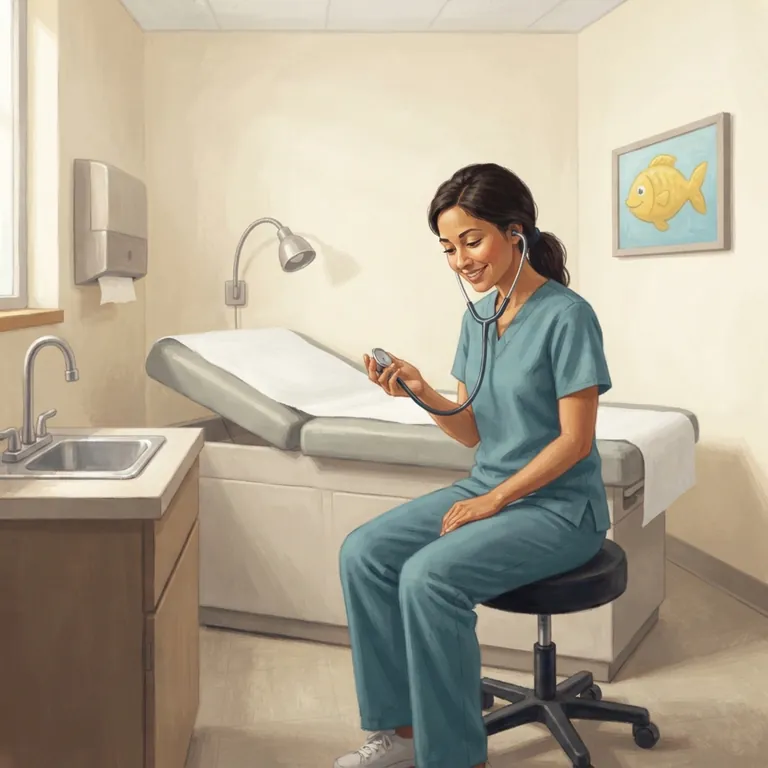 The doctor warming the round end of a stethoscope beside the exam table.