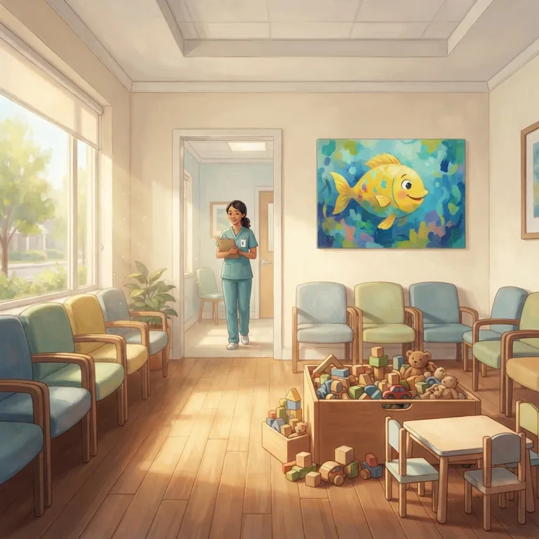 A clinic waiting room with soft chairs, a toy box, and a big window.