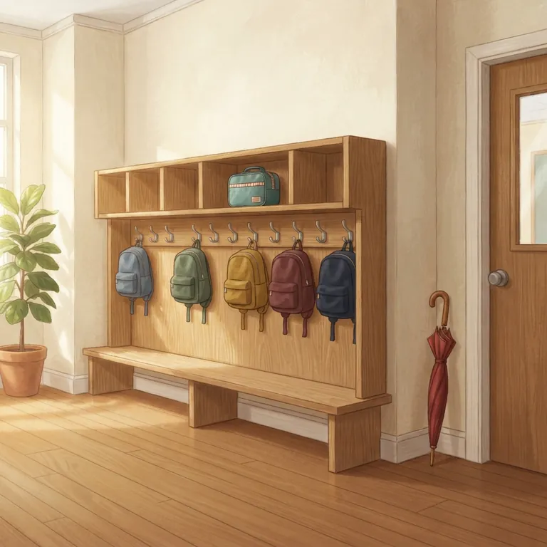 A school hallway with wooden cubbies and small backpacks on coat hooks.