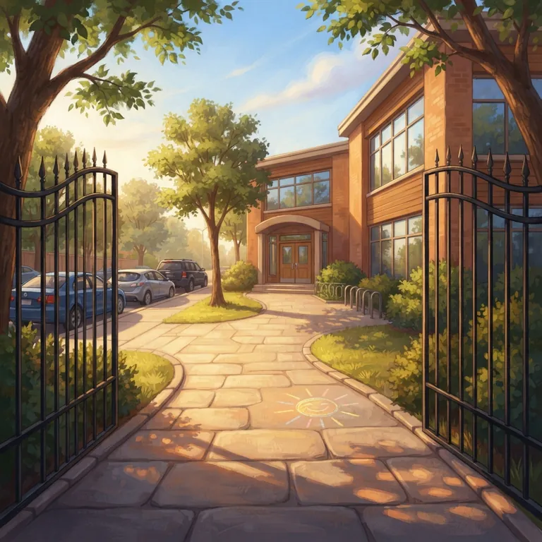 The school gate in warm afternoon light at pick-up time.