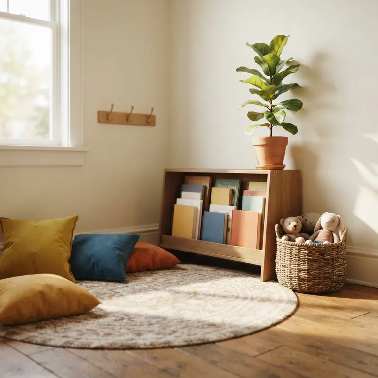 A cozy reading corner with a round rug, cushions, and a low bookshelf.