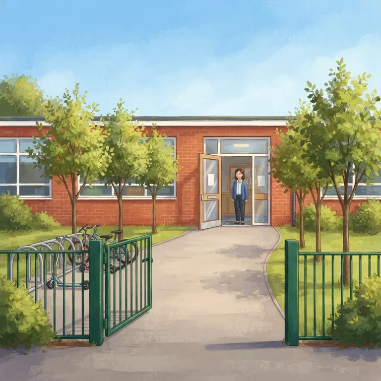 The front of a small brick school with an open gate on a sunny morning.