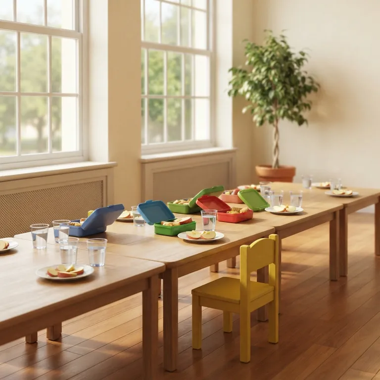Snack tables by the window with cups of water, apple slices, and lunch boxes.