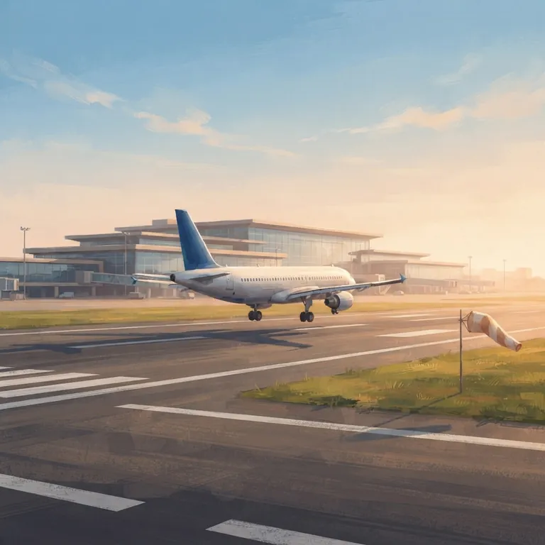 The white plane landing on the runway in warm afternoon light.