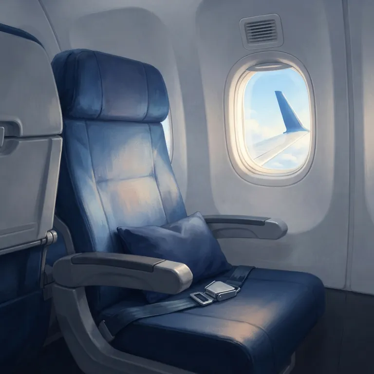 A blue plane seat with an open seatbelt and a small pillow.