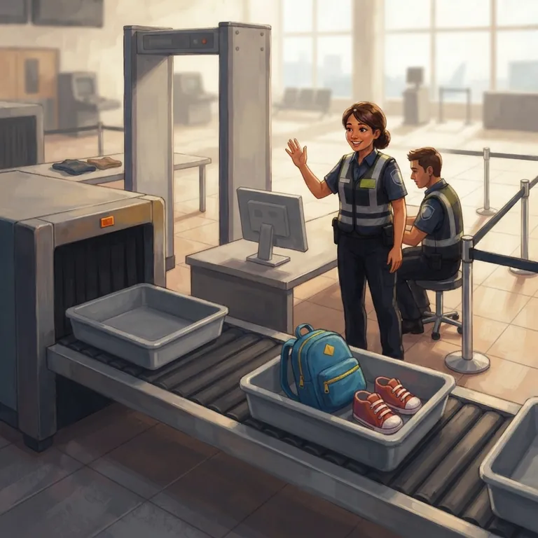 A security scanner belt with gray trays and a walk-through arch.