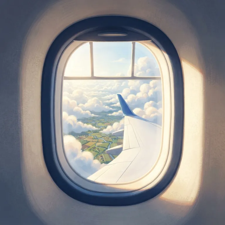 Clouds and tiny houses far below, seen through an oval plane window.