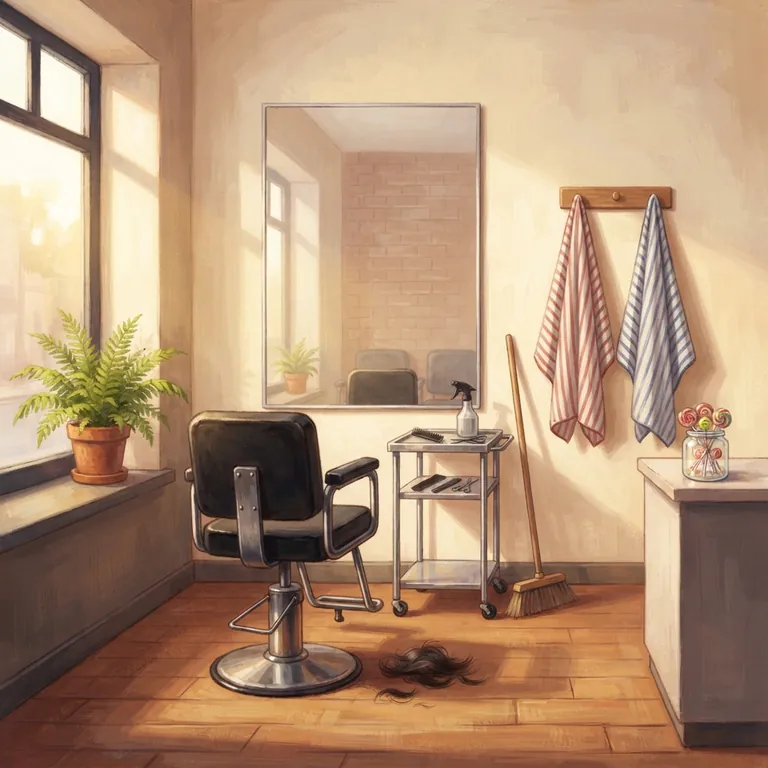 La peluquería con luz cálida de tarde, la silla vacía y el pelo barrido.