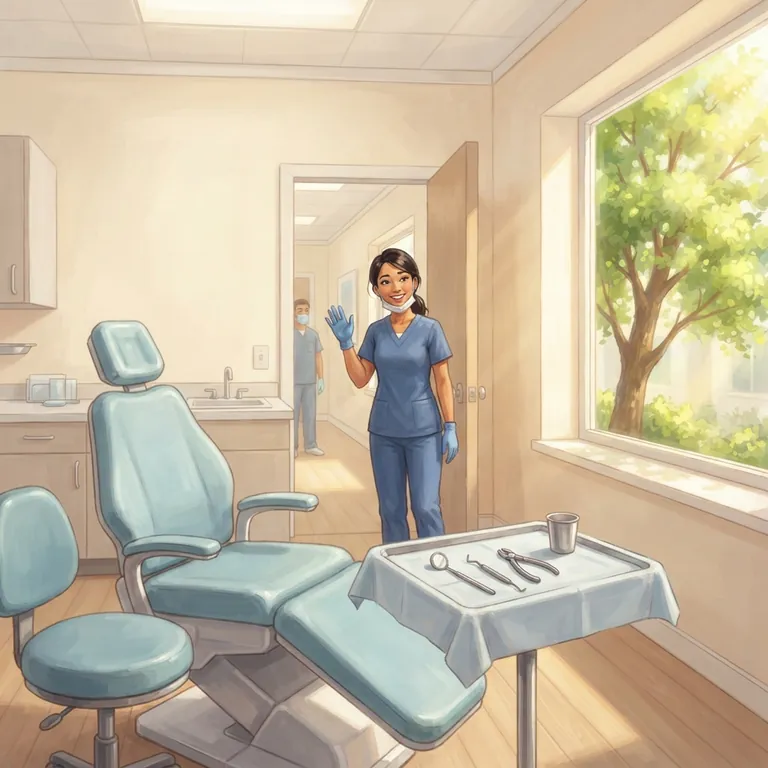 El consultorio ordenado con luz de sol, la asistente dental diciendo adiós con la mano.